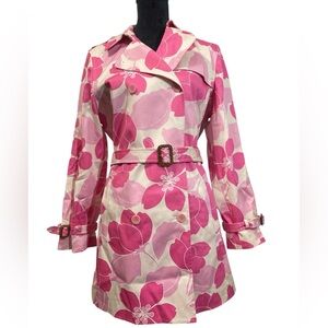 Lands’ End Floral Multi Pink and White Women's Trench Coat Size 14